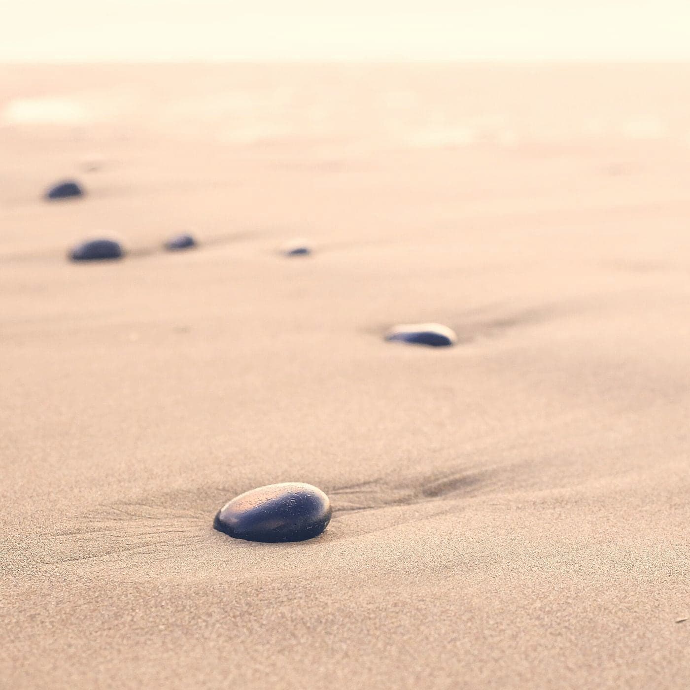 Smooth dark pebbles resting on warm pale sand.